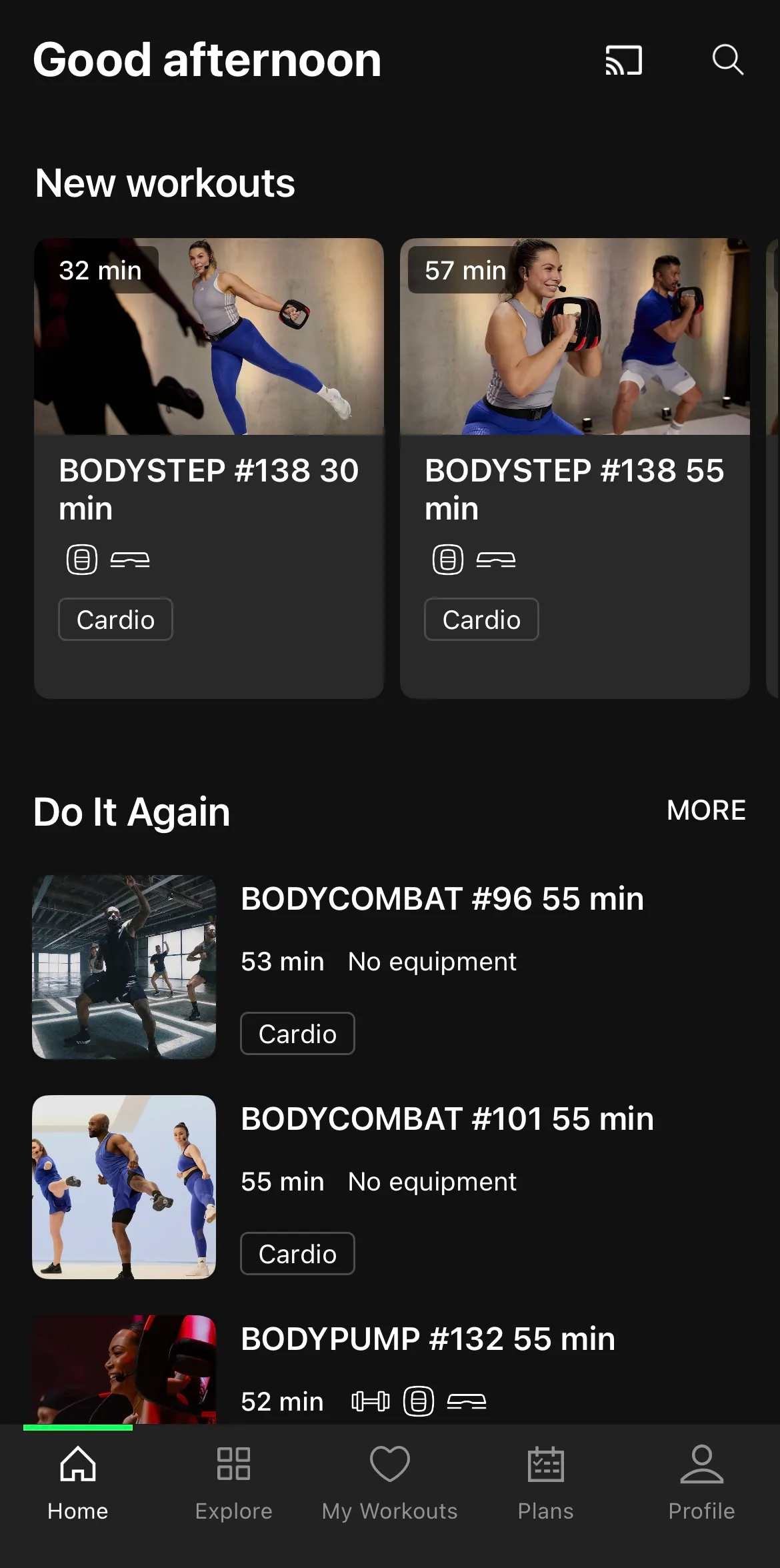 Overzicht van workouts in de Les Mills+ app