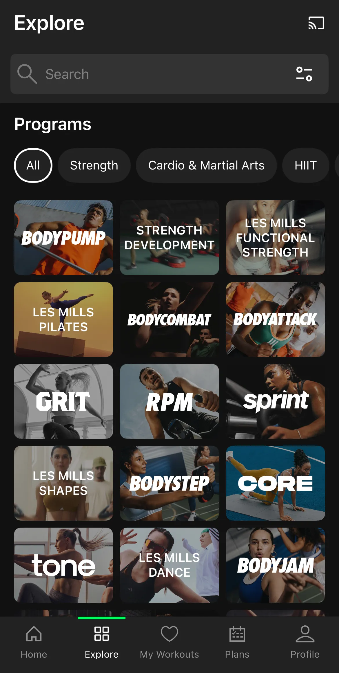 Workouts in de Les Mills+ fitnessapp